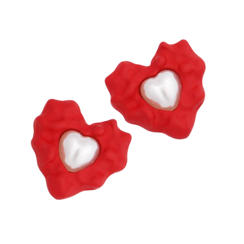 1 Pair New Year Chinese Style Heart Shape Earrings Simple Jubilant Alloy Ear Studs for Women Girls (Red)