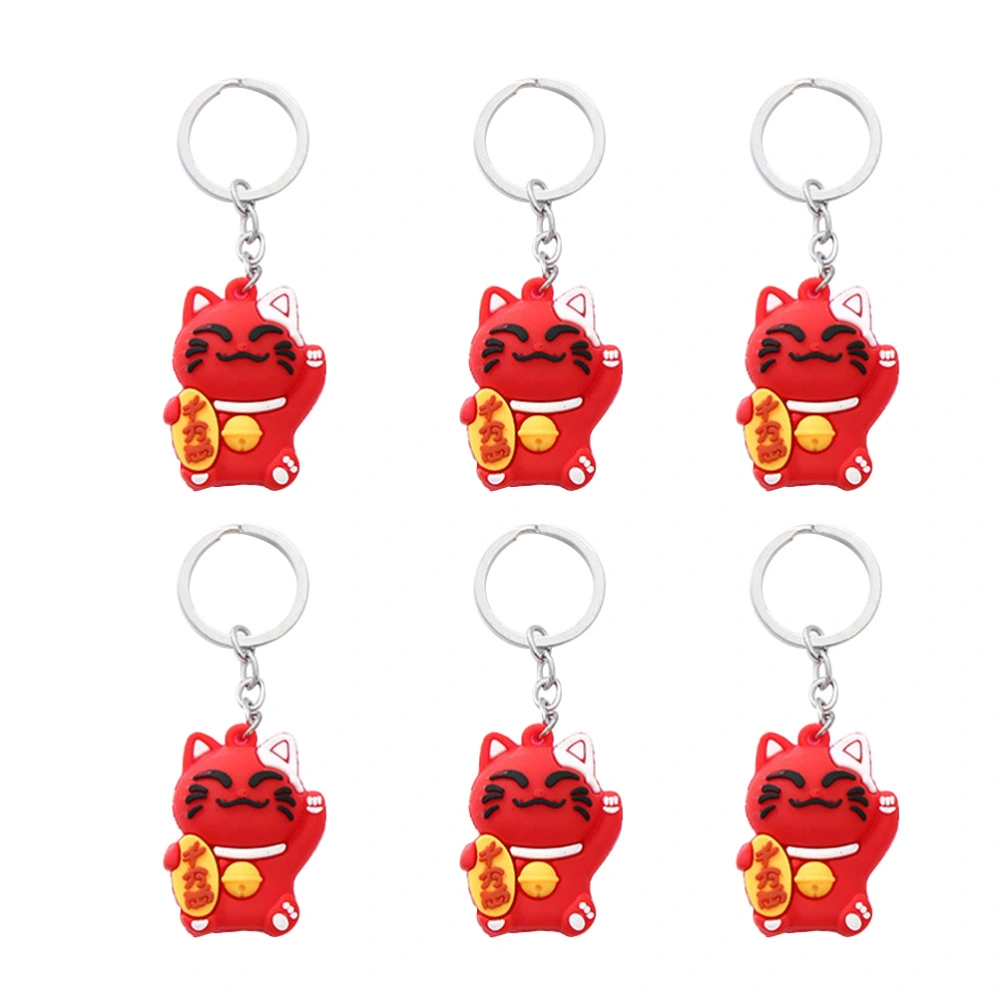 6Pcs Creative Diamond-encrusted Key Ring Cat Shaped Charm Keychain Bag Pendant Jewelry Accessories Car Decoration(Red)