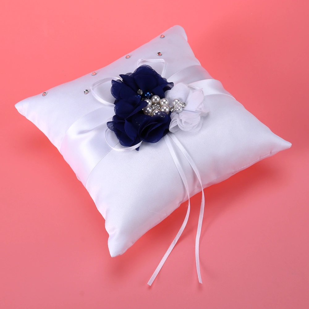 20*20cm Embellished Wedding Ring Pillow Cushion Pearl Flower Decorated Ring Bearer Pillow (Blue & White Flower)