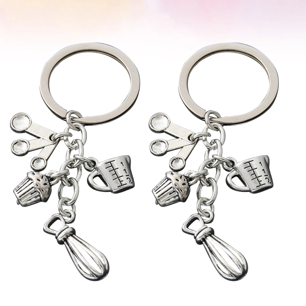 2pcs Kitchen Tableware Keychain Pastry Spoon Eggbeater Measuring Cup Key Rings Hanging Keychain Decor