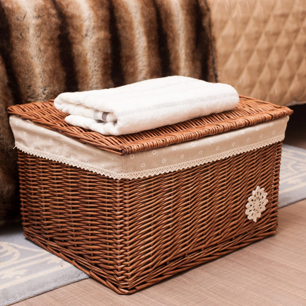 Wicker Basket with Cover Rattan Woven Basket Cosmetic Storage Box for Bedroom Living Room Desk (S)