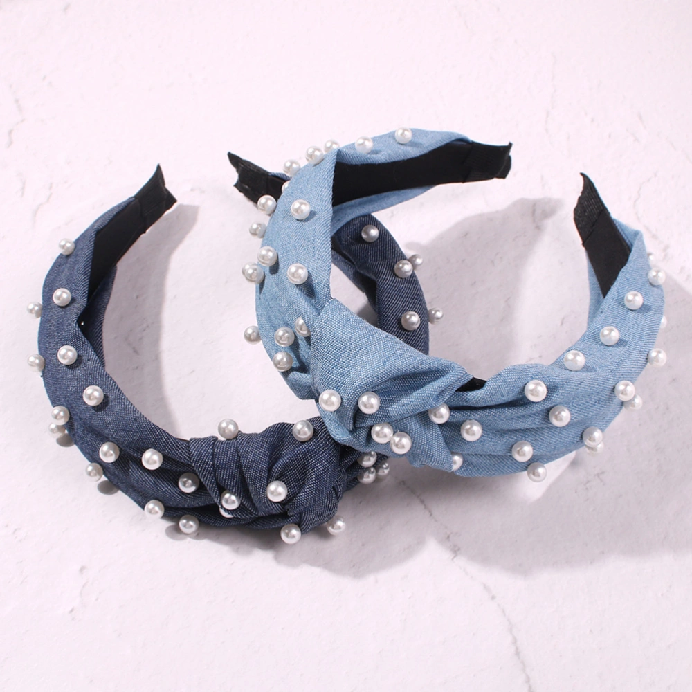 1pc Creative Hair Pearl Head Wide Rim Headband Jean Cloth Headwear for Girls Women Light Blue