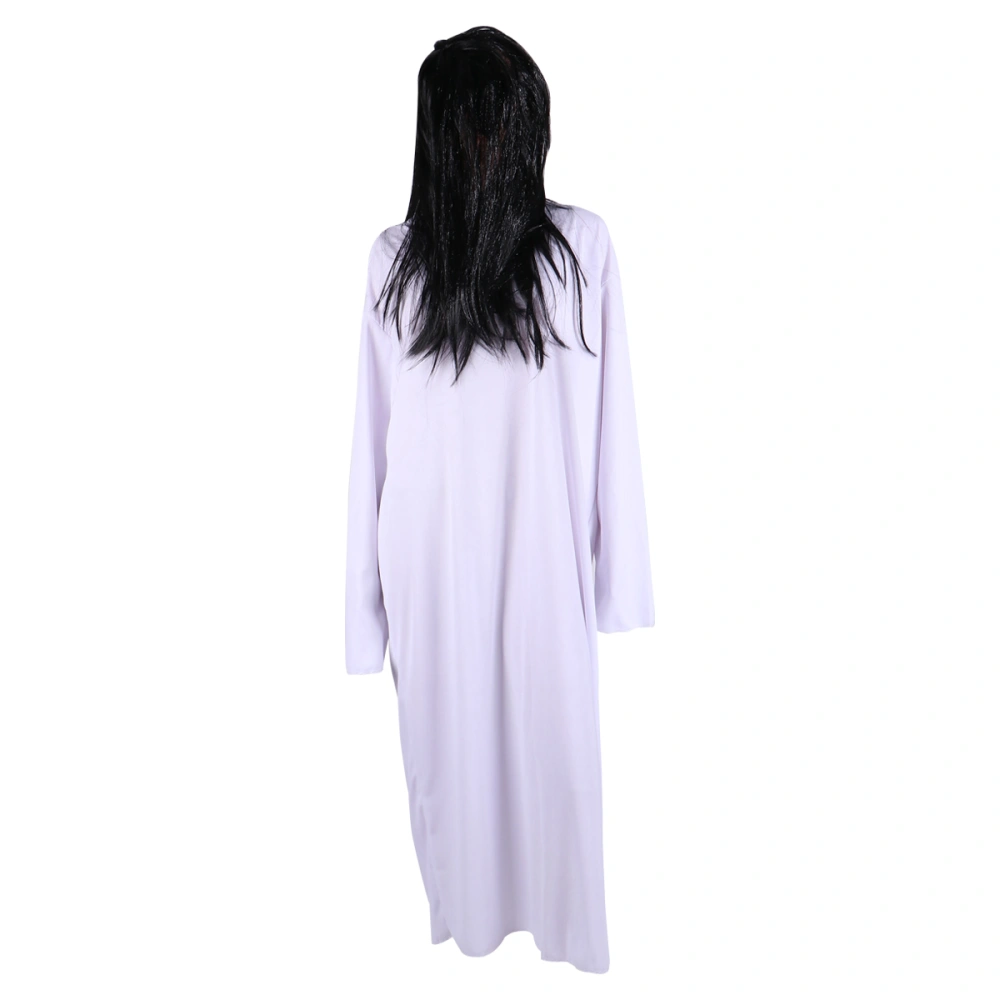 Female Ghost Dress Cosplay Adults Scary Suit Costume Props for Halloween Dance Party (Black Nail + 1.3m White Costume + Black Wig)