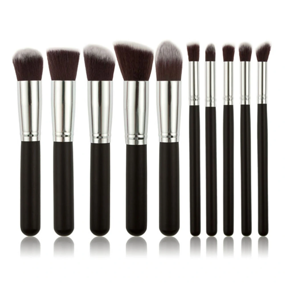 10pcs Makeup Brush Set Premium Synthetic Kabuki Cosmetics Foundation Blending Blush Eyeliner Face Powder Brush Makeup Brush Kit (Black+Silver)