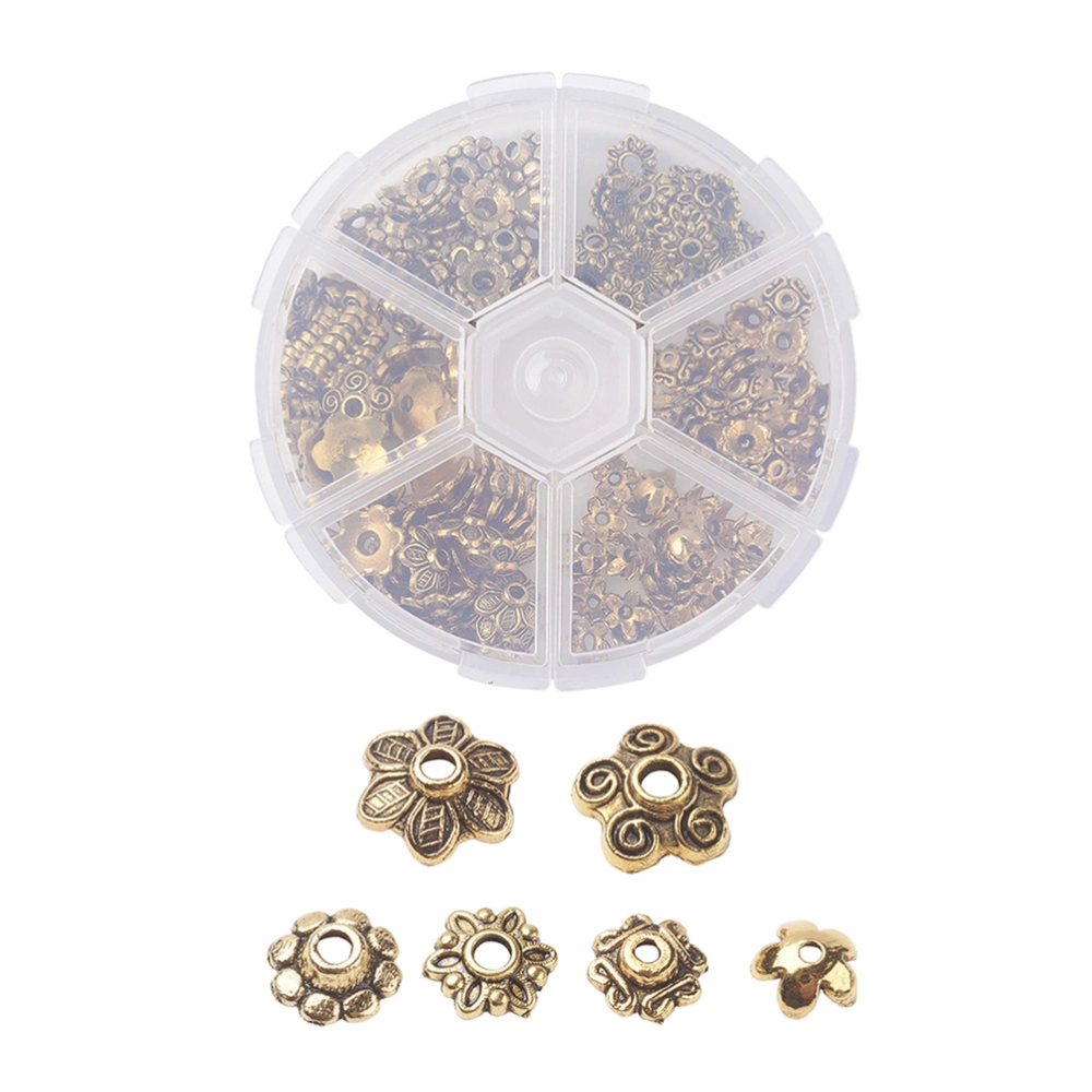 180PCS Jewelry Handmade Accessories Beaded Material Tibetan Silver Retro Alloy Flower Petal Bead Caps Mixed Boxed Diy Beads Spacers for Jewelry Making (Antique Golden)