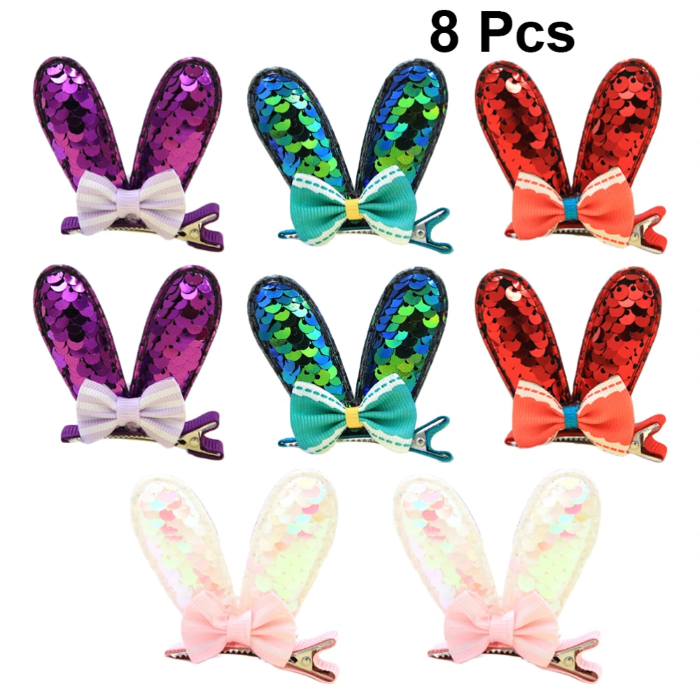 8 Pcs Hair Clips Three-dimensional Bunny Ears Bow Hairpin Fish Scale Sequins Hair Barrettes for Women Girls Festive Supplies (White, Red, Purple, Green Style, 2 for Each)