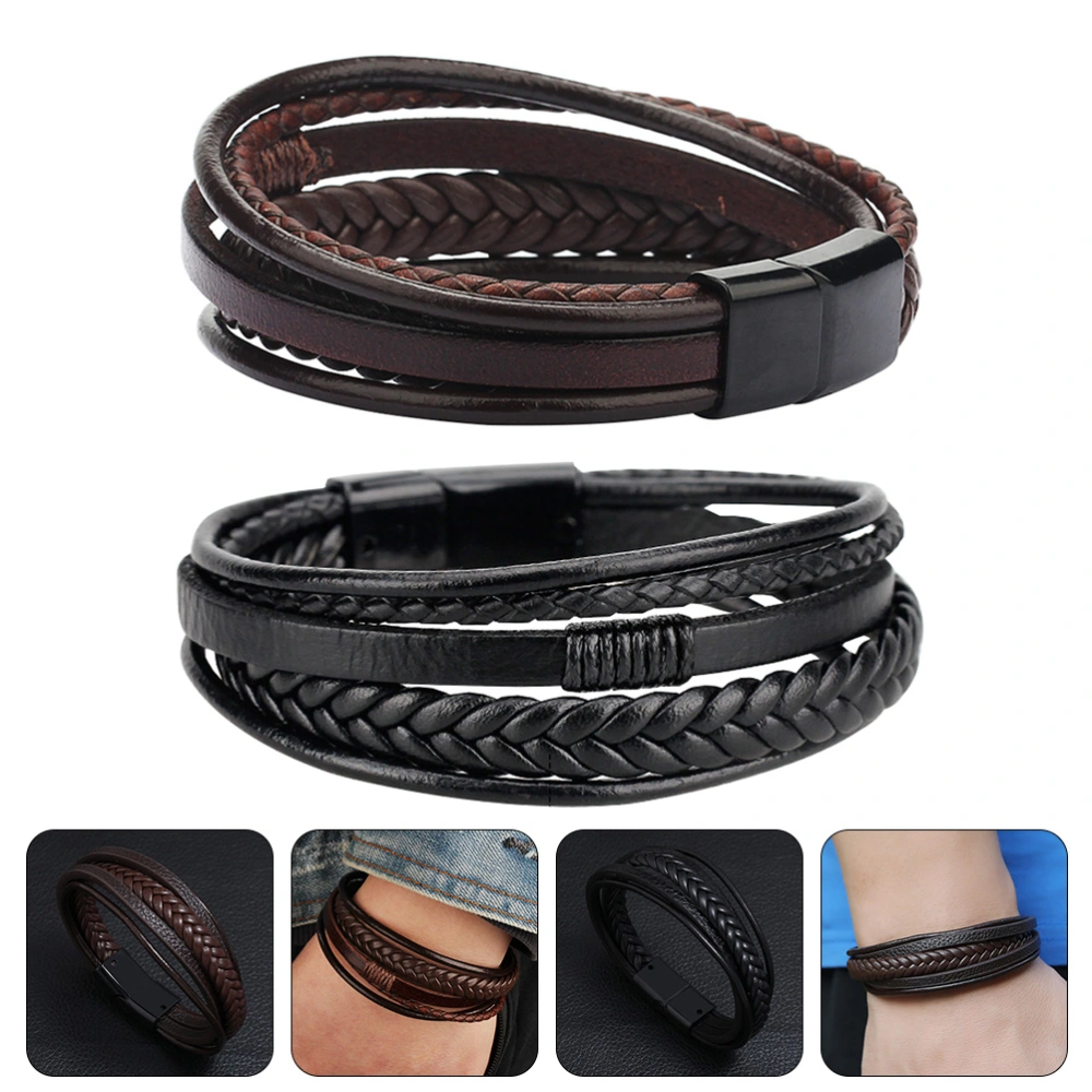 2pcs Men Wristband PU Braided Bracelet Ethnic Style Bangle Fashion Hand Jewelry