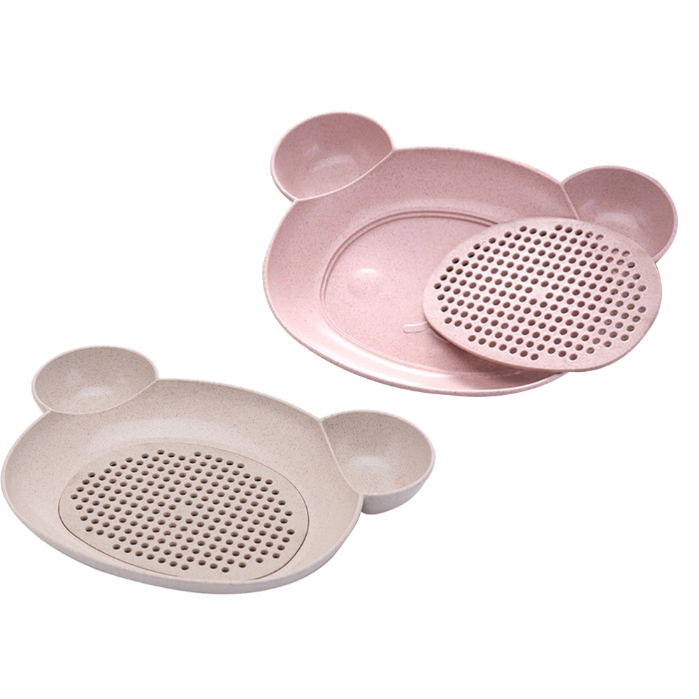 2pcs Bear Shaped Plastic Draining Dumpling Plate with Sauce Dish double-deck Vegetables Fruit Plate for Home Kitchen (Pink/Beige, Each Color 1pc)