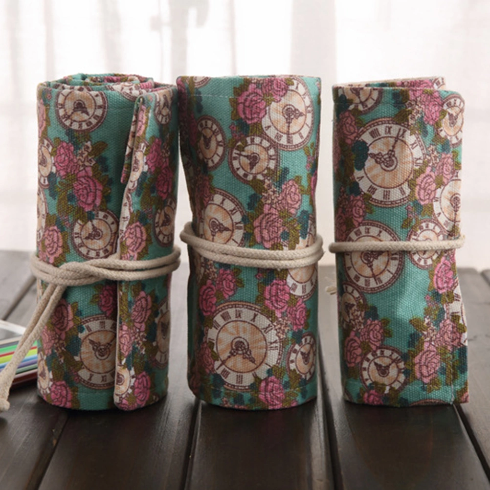 Canvas Colored Pencil Roll Wrap 36 Slots Coloring Pencil Holder Organizer NO Pencils (Rose Clock)
