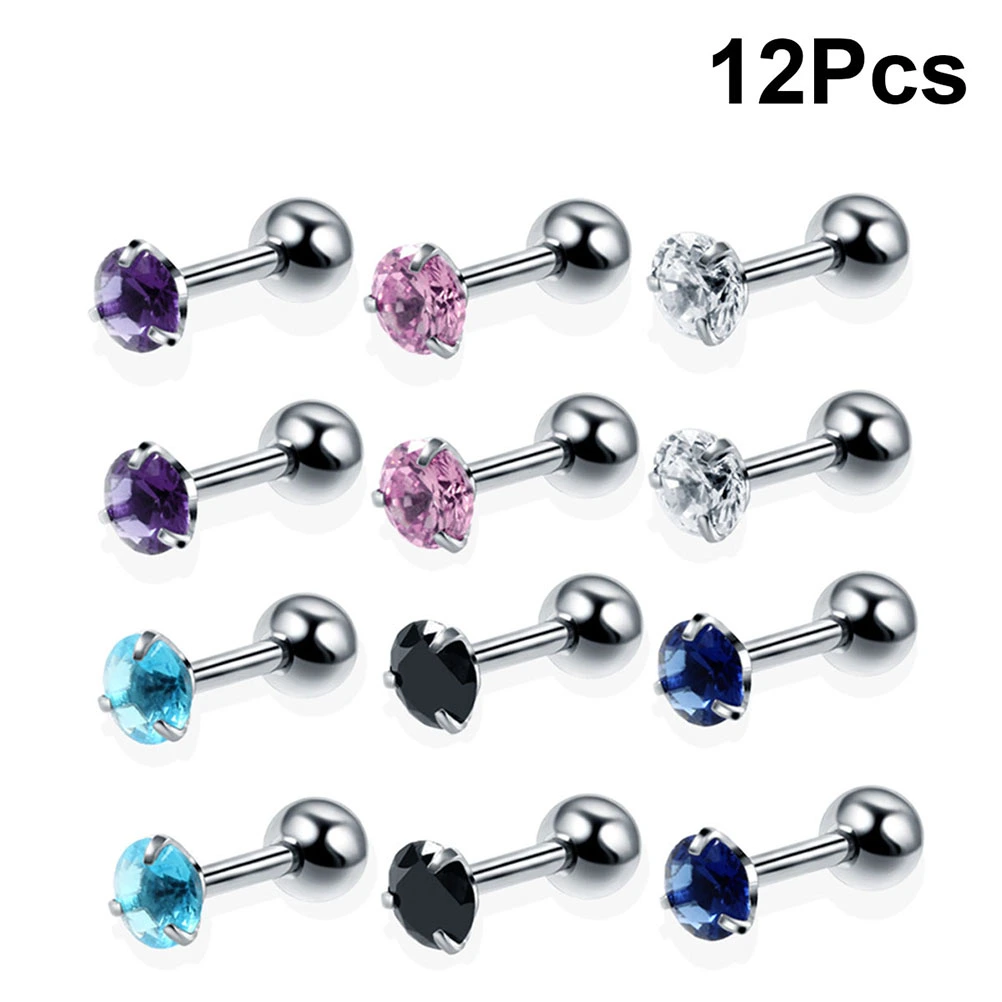 12pcs Stainless Steel Barbell Ear Cartilage Tragus Helix Stud Earring Piercing Surgical Steel Zircon Multicolor Ear Studs (Assorted Color)
