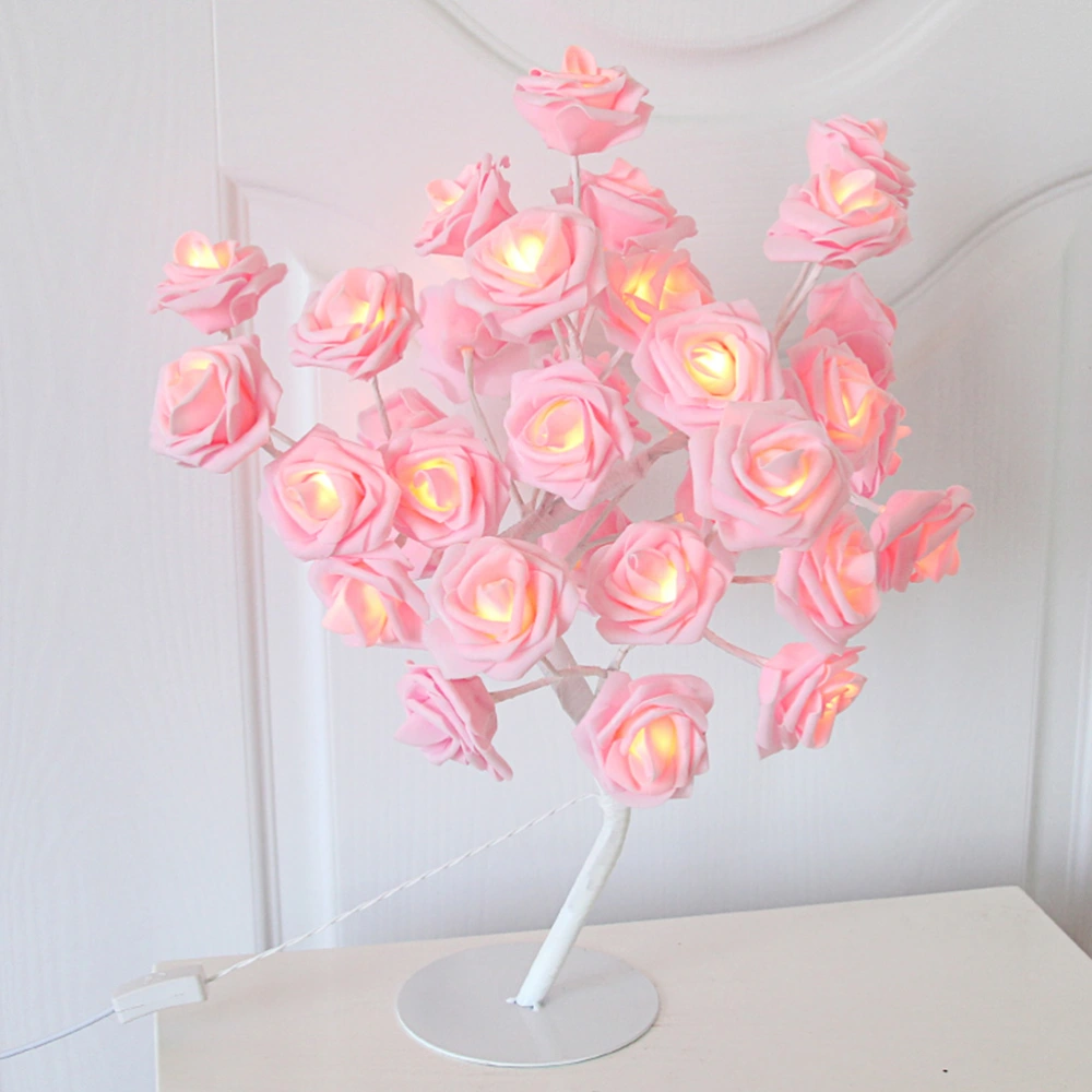 Tree Light Pink Rose Flower Table Lamp Home Decoration Lights with 24 LEDs for Home Christmas Party Wedding Valentine's Day (EU Plug Random Color)