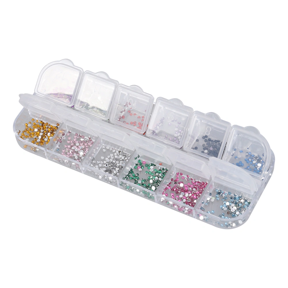 1.5mm 12 Color Nail Glitter Rhinestones Nail Art Decorations Mixed Size with Clear Container