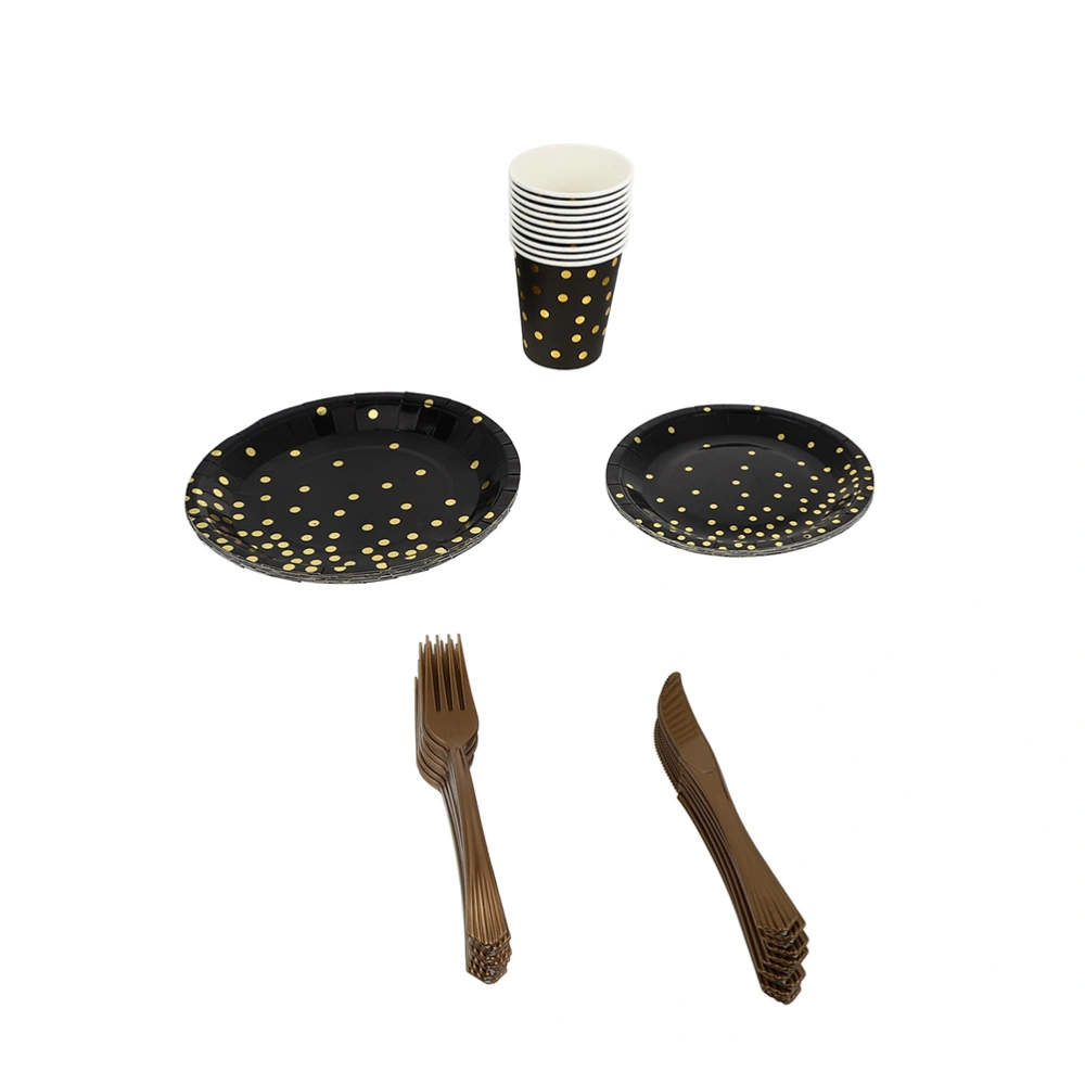 25 Sets Black and Gold Paper Plates Disposable Paper Cups Plastic Forks and Knives