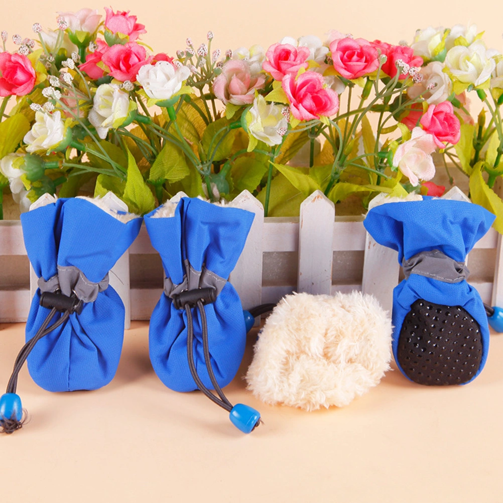 4pcs Anti-skid Pet Shoe Rain Boots Dog Foot Cover Thick Plush Dog Boots Paw Protector Sole Pet Shoes (Blue Size 4）