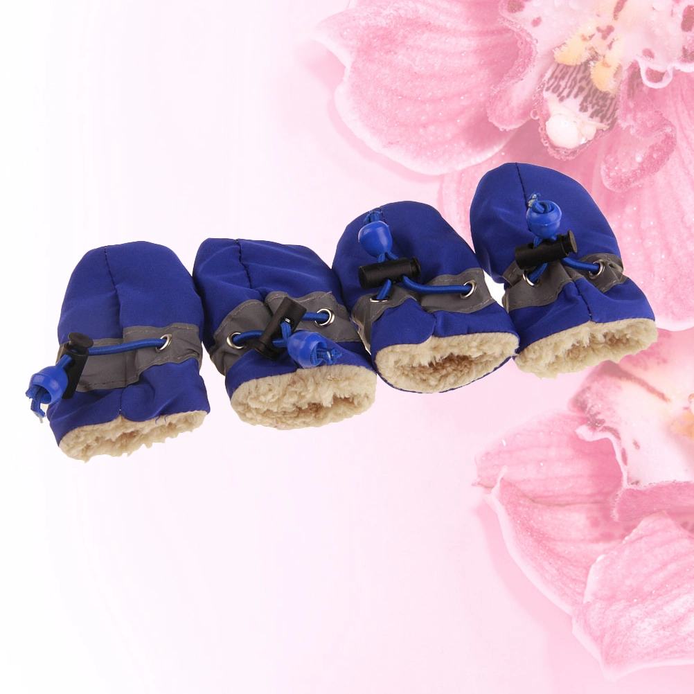 4pcs Anti-skid Pet Shoe Rain Boots Dog Foot Cover Thick Plush Dog Boots Paw Protector Sole Pet Shoes (Blue Size 4）