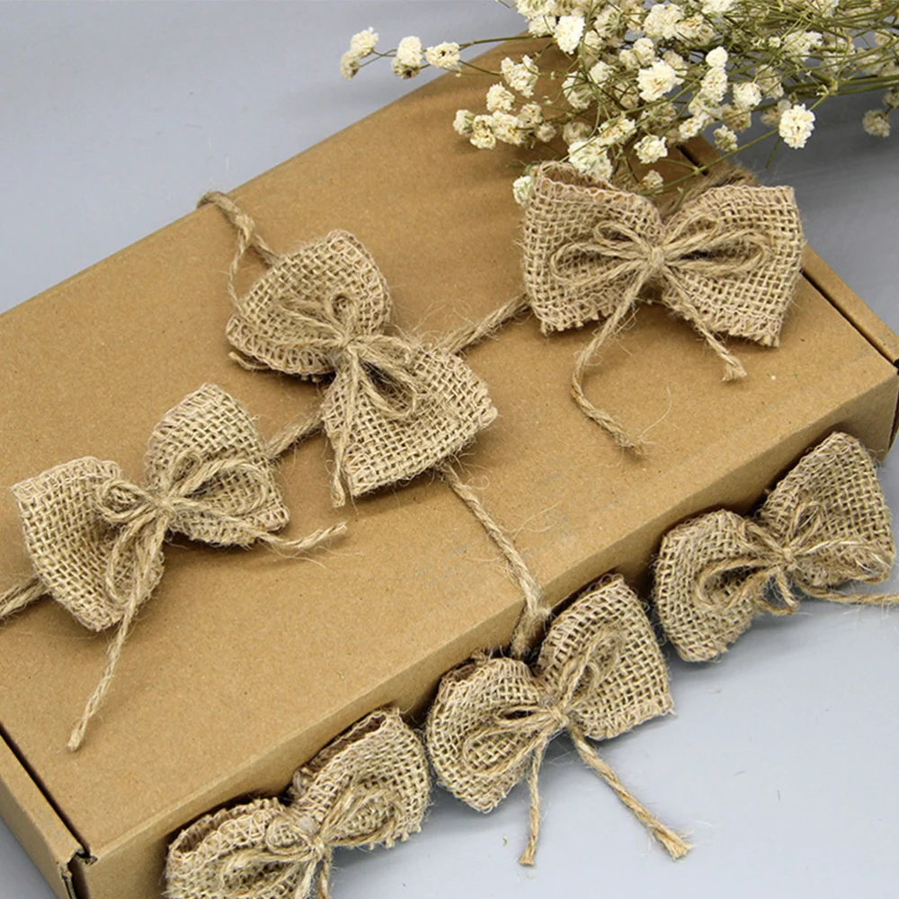 10pcs Burlap Bow Decorative Handwork Hanging Ornament Beautiful Bowknot Garment Accessories for Wedding Party DIY Craft Festival