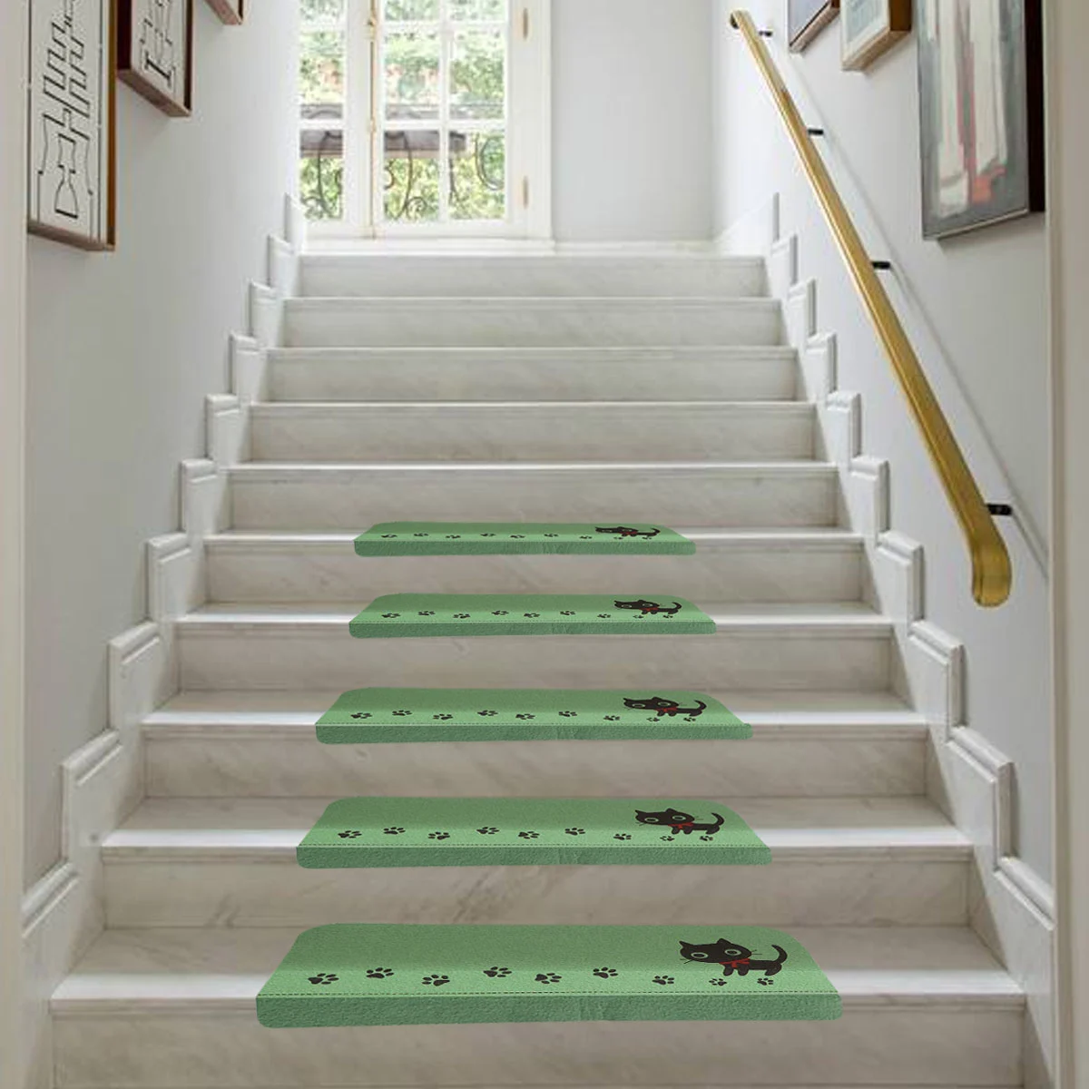 Kitten Pattern Non-slip Stair Carpet Tread Washable Noise Reduction Cuttable Stair Tread Mat (Green)