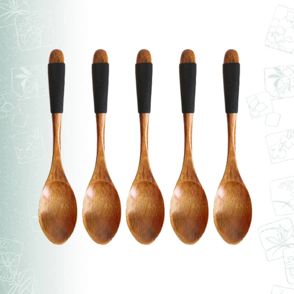 5pcs Wood Spoon Dessert Spoon Children Mini Spoon Portable Tableware for Home Restaurant (Black Twine Line 14cm)