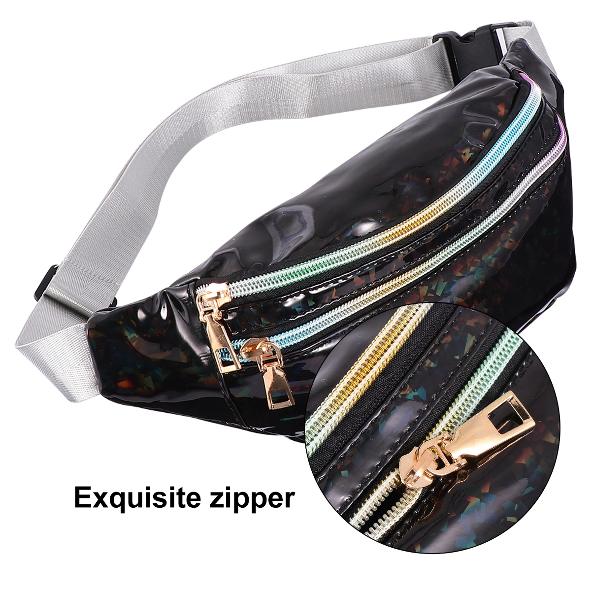 1PC Sequin Design PU Cross Body Bag Waterproof Waist Bag Fashion Zipper Bag for Women Lady Girls (Black)
