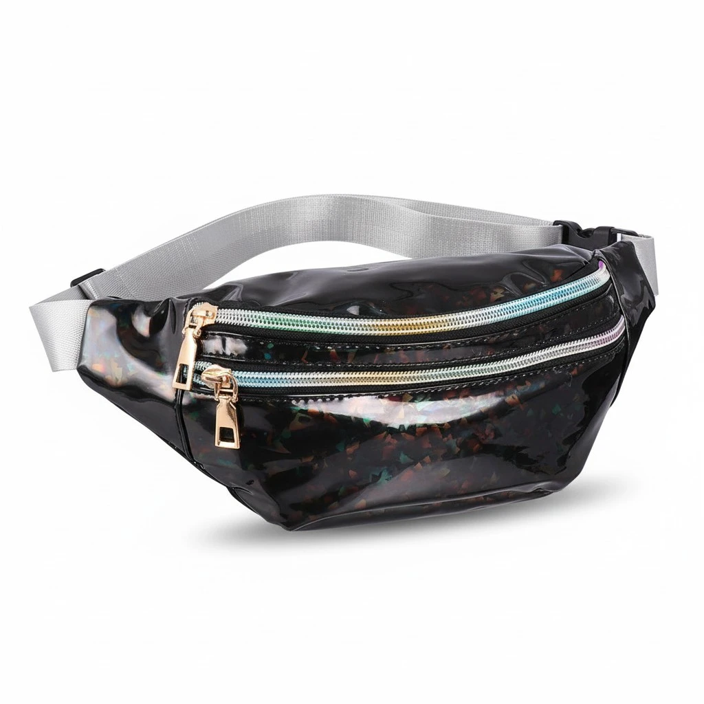 1PC Sequin Design PU Cross Body Bag Waterproof Waist Bag Fashion Zipper Bag for Women Lady Girls (Black)