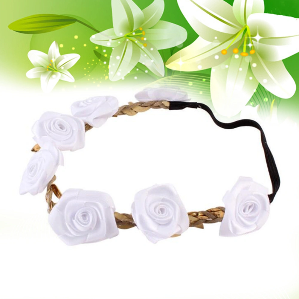 Rose Headband Beautiful Decor Garland All-Match Headwear for Wedding Travel Beach (White)