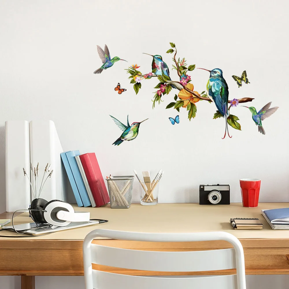 2pcs Decorative Wall Stickers Colorful Branches Bird Wall Decals Wallpaper for Living Room Bedroom 