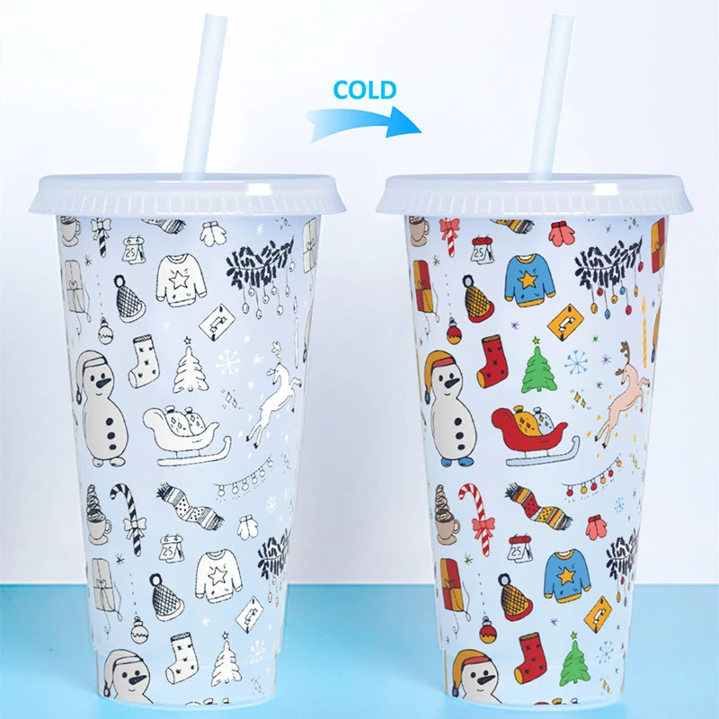  Color Change Cup Tumbler Multi-function Christmas Themed Temperature Cup with Straw