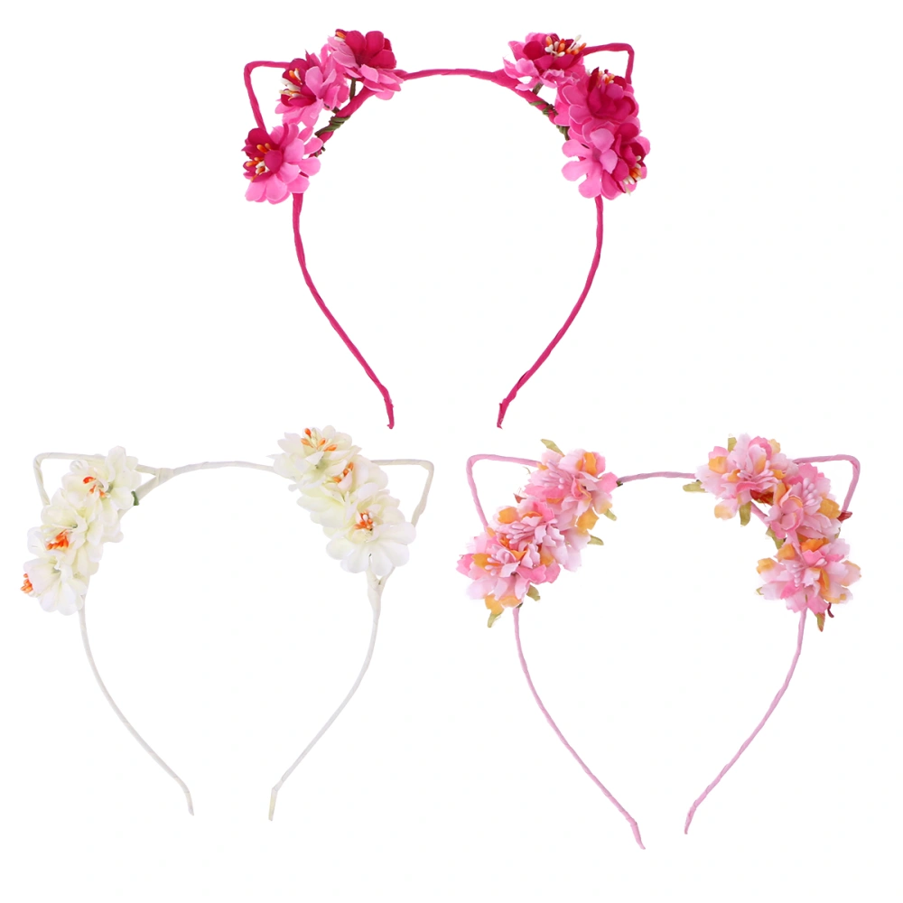 3pcs Stylish Fabric Flower Cat Ears Headbands Handmade Headwear Hair Accessories for Costume Party Dress Up