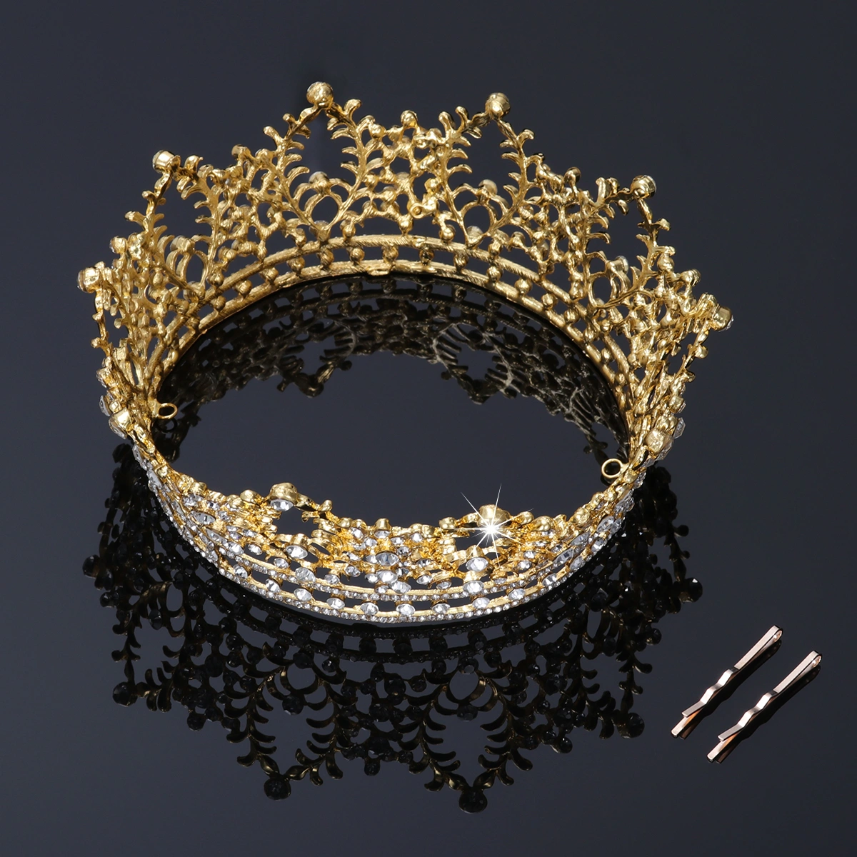 FRCOLOR Vintage Crystal Rhinestone Bridal Crown Bling Crystal Queen Tiara with Side Comb Glittering Jewelries Decoration for Wedding Engagement (Gold)