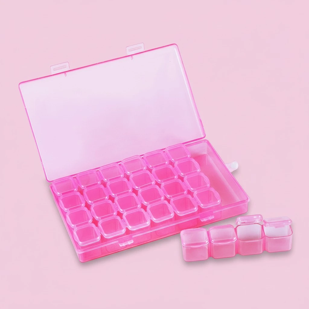 28 Compartments Nail Art Jewelry Bead Container Empty Storage Box Case Holder Nail Art Organizer (Pink)