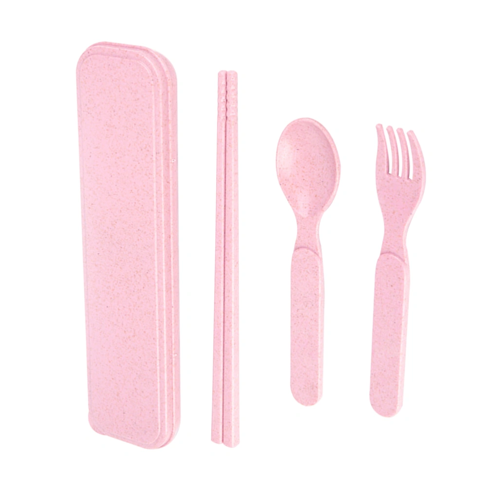 1 Set Wheat Straw Spoon Chopsticks Fork Utensil Set Travel Camping Tableware Dishware Set Portable Kitchen Set for Kids (Pink)