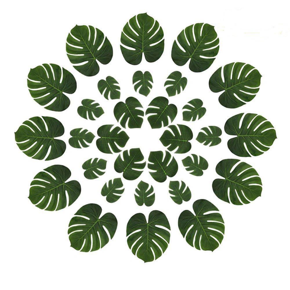 32pcs Green Simulation Flowers Artificial Plants Fake Turtle Leaf Leaves Home Decoration (16pcs Medium Size Turtle Leaf/16 Hibiscus Flower)