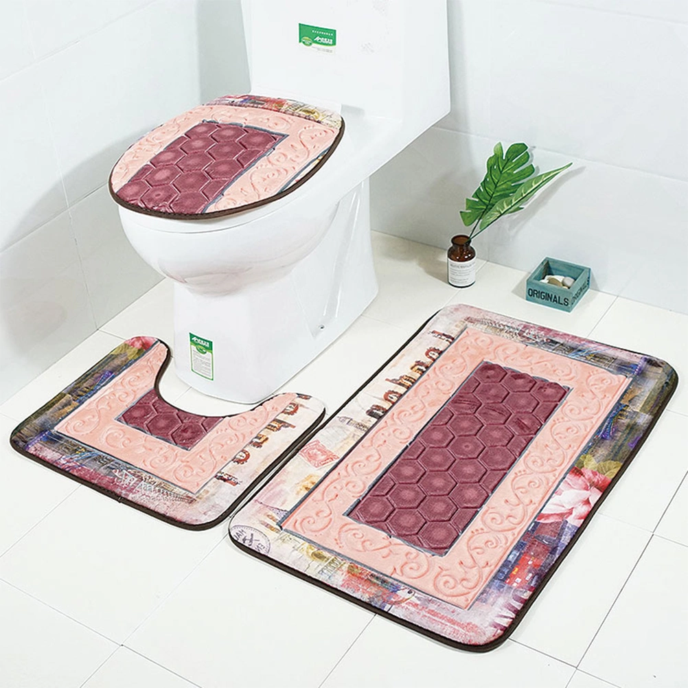 3 in 1 3D Pattern Bathroom Mat Set Antiskid Washroom Carpet Mat Toilet Seat Lid Cover (Pink)