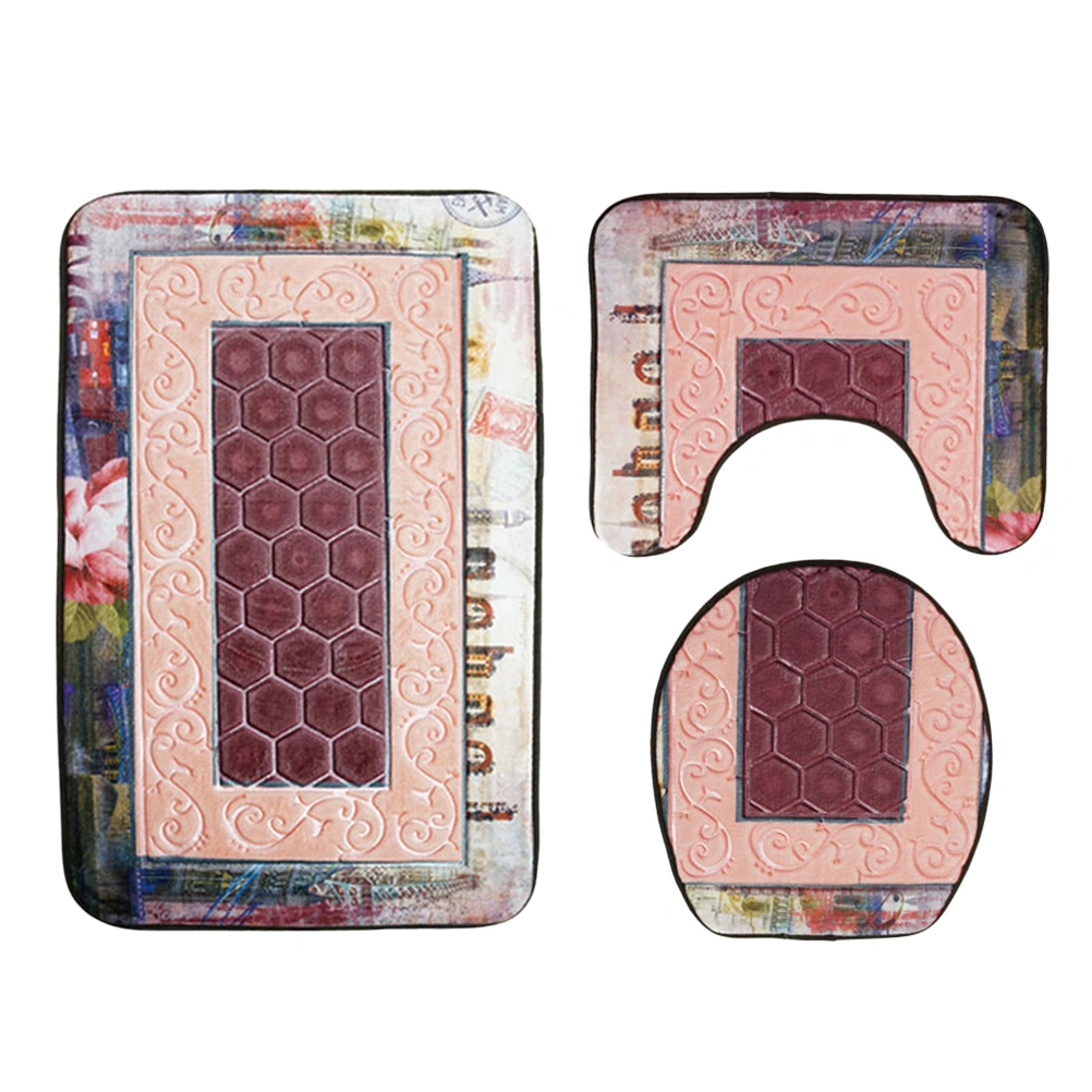 3 in 1 3D Pattern Bathroom Mat Set Antiskid Washroom Carpet Mat Toilet Seat Lid Cover (Pink)