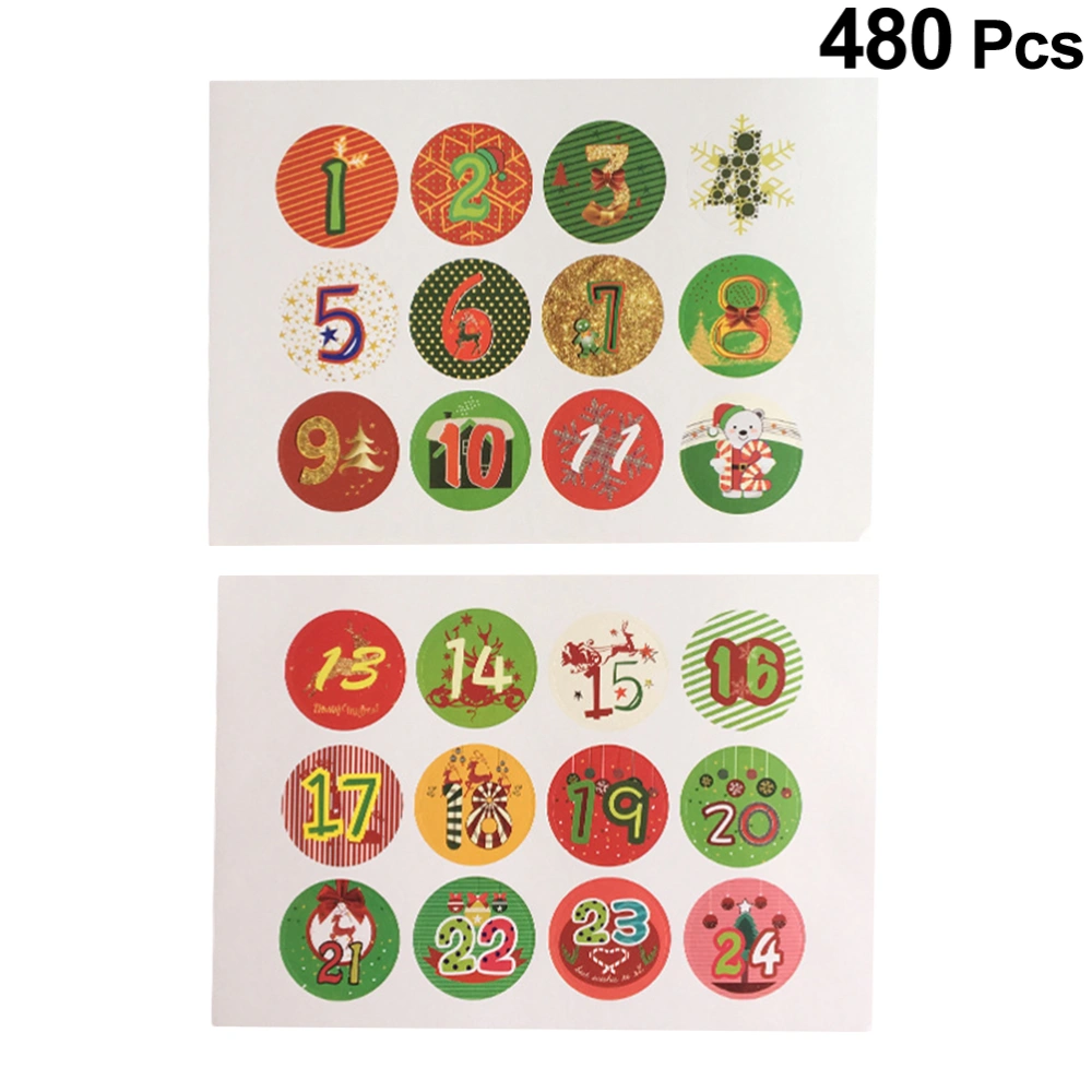 480PCS Christmas Number Sealing Sticker Adhesive Round Christmas Tree Elk Star Decals Decoration for Cookies Bag Gift Box Packaging