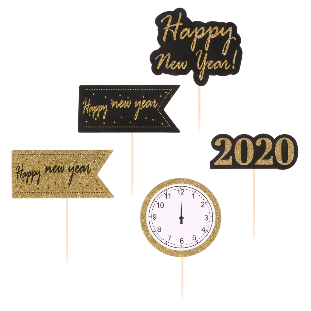 5Pcs Happy New Year Cake Toppers Creative Cake Picks Cupcake Dessert 2020 Toppers Baking Decorative Paper Festival Favors