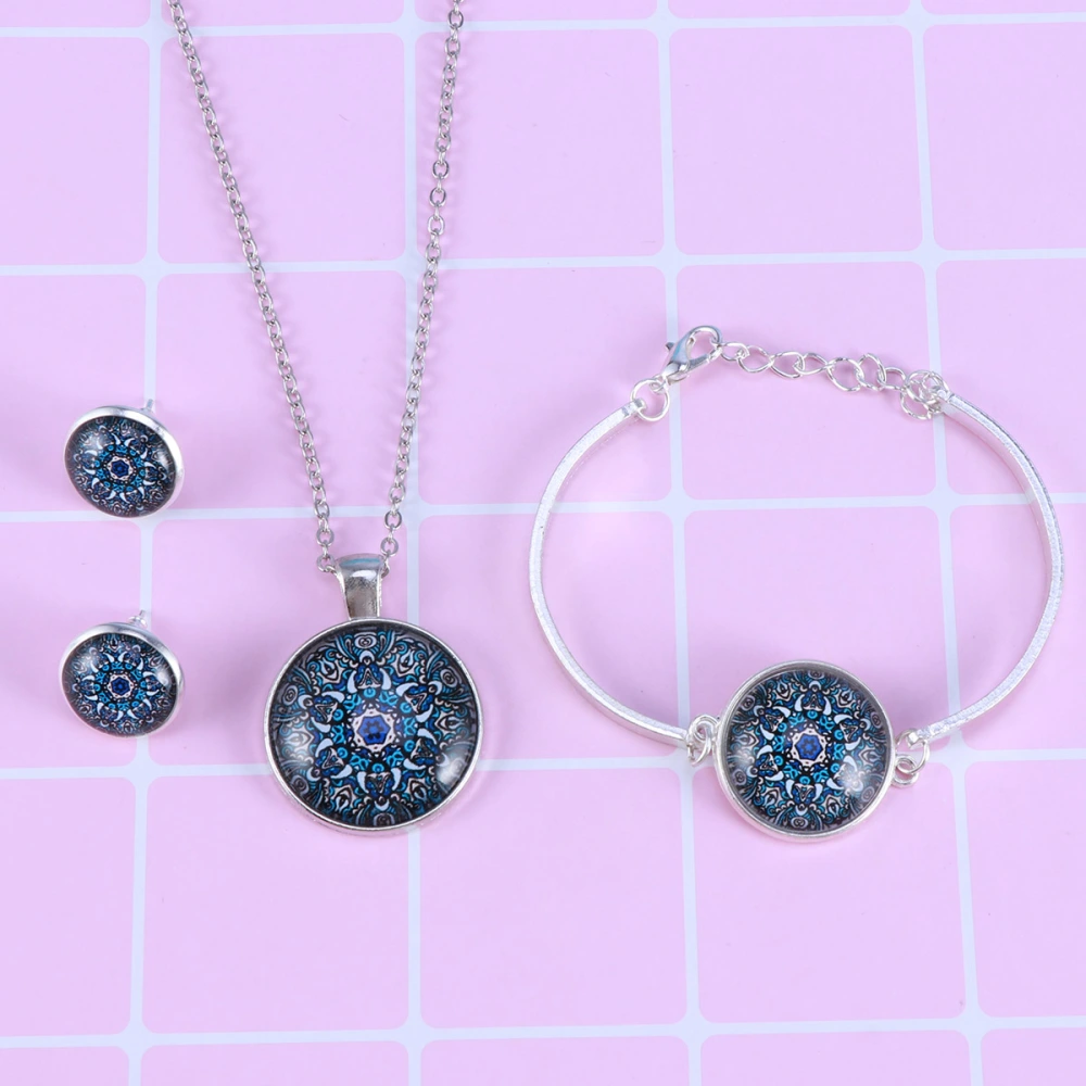 3pcs Bohemian Mandala Pendant Statement Chain Necklace Stud Earrings Bracelet Bangle Jewelry Set (S6232)