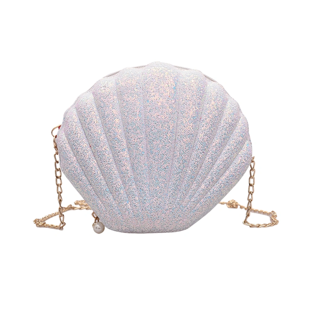 Sequined Shell Shape Bags Versatile Cross-body Chain Shoulder Bag for Women Girls Ladies (White)