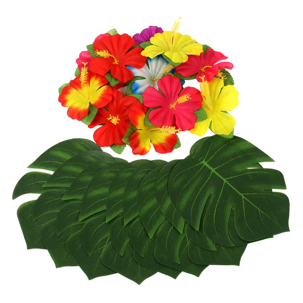 48pcs in 1 Set Hawaiian Theme Party Supplies Simulation Monstera and Hibiscus Flower for Luau Party Decoration (24pcs 8 Inches Monstera and 24pcs Hibiscus Flower)