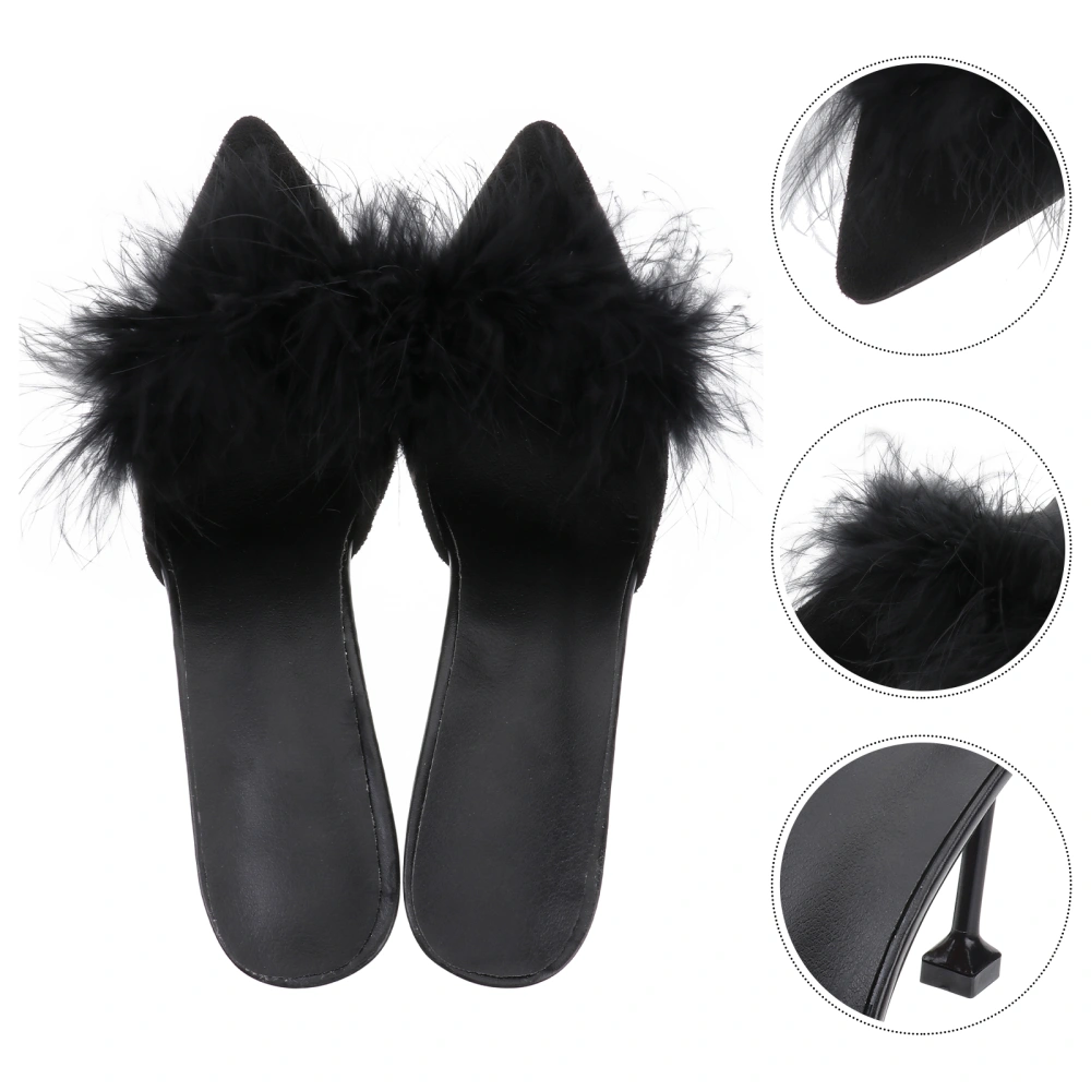 1 Pair Transparent Crystal High Heels Pointed Fluff Slippers Thin Heel Slippers