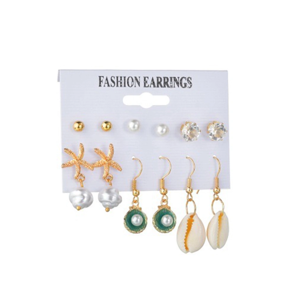 6 Pairs Beach Style Earrings Set Sea Star Seashell Eardrop Pearl Rhinestone Earstud Decorative Ear Jewelry