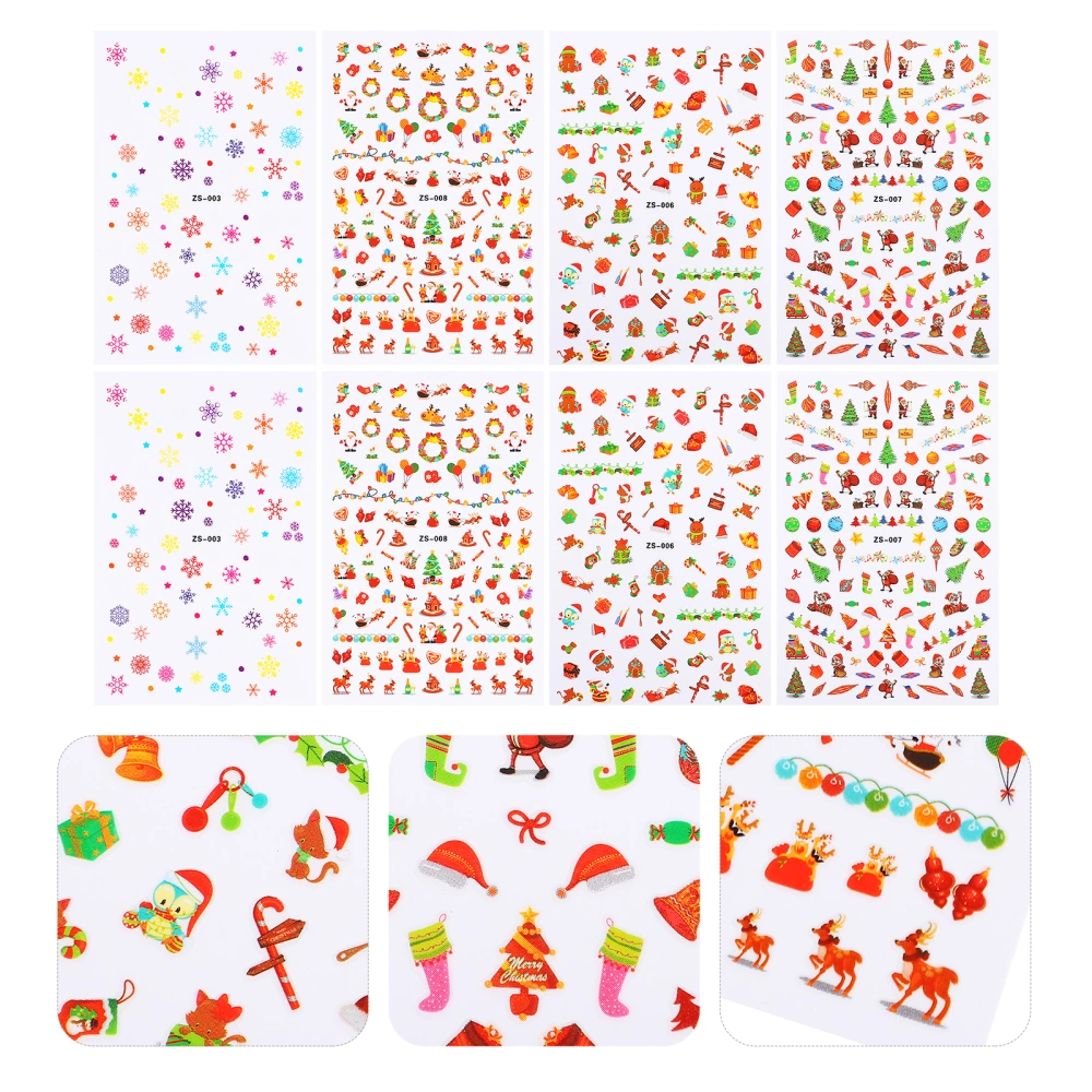 8 Sheets Christmas Nail Tattoos Xmas Adhesive Manicure Nail Art Design Sticker