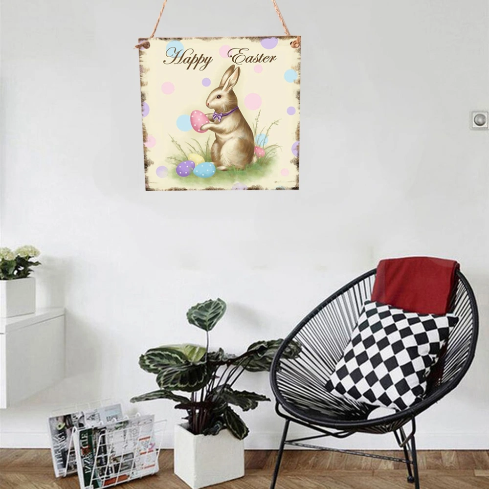 Wood Easter Hare Printing Hanging Board Beautiful Decor Hanging Drop for Home Store Party Festival (With a Hemp Rope About 40cm Long)