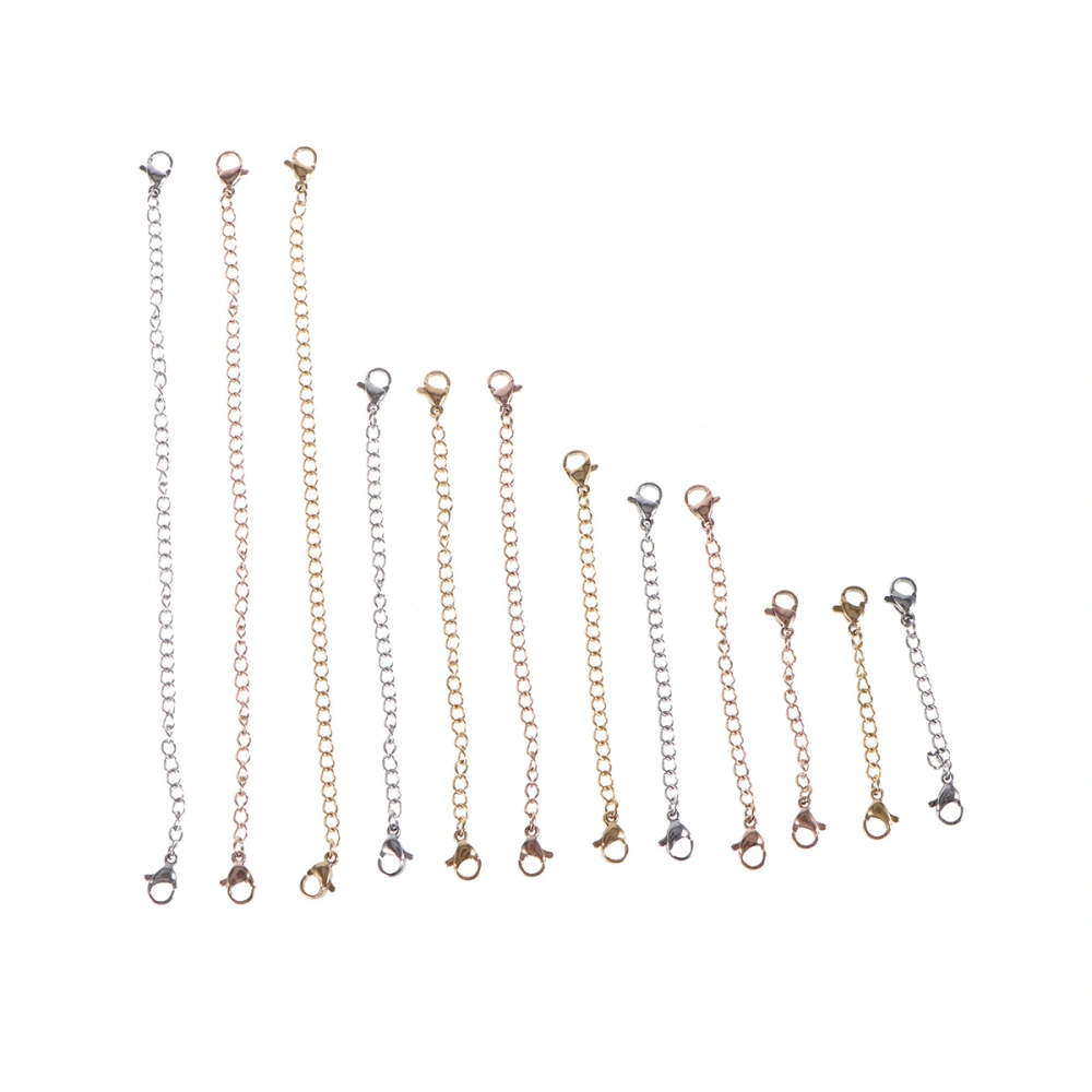 12PCS Stainless Steel Lobster Buckle Necklace Extension Chain with Lobster Clasp at Both Ends for DIY Jewelry Making Silver Golden Rose Gold