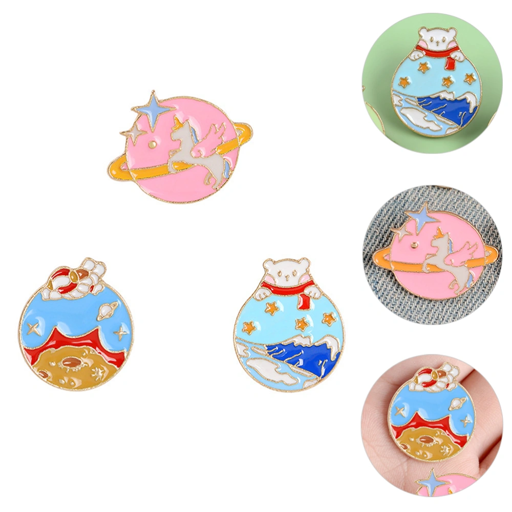 3pcs Lovely Cartoon Cat Unicorn Planet Shape Brooches Creative Brooch Pin