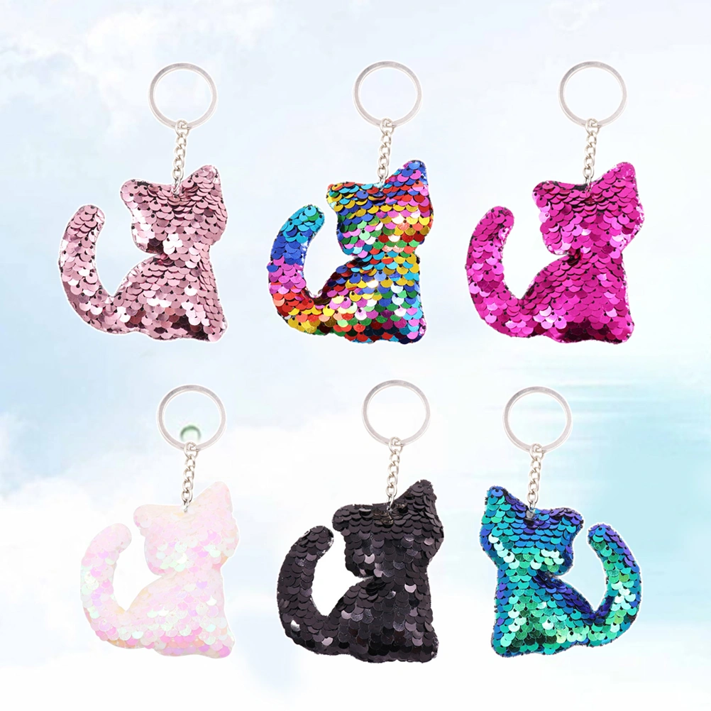 24pcs Glitter Sequins Cat Keychain Keyring Colorful Key Chain Charm Key Holder(Colorful+Black+Pinky White+Rosy+Magic Green+Pink, 4pcs for Each Color)