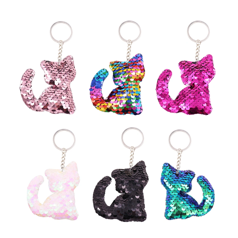 24pcs Glitter Sequins Cat Keychain Keyring Colorful Key Chain Charm Key Holder(Colorful+Black+Pinky White+Rosy+Magic Green+Pink, 4pcs for Each Color)