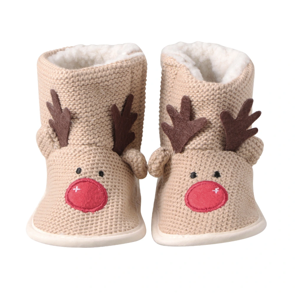 Baby's Christmas Cotton Shoes Elk Pattern Warm Bottom Boots Non-slip Winter Shoes Infant Boots for Baby 0-12 Months  (Size 2 Beige 12cm)