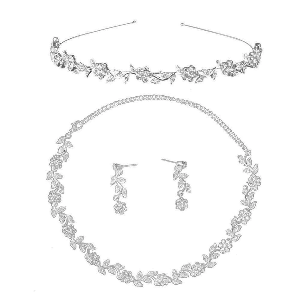 Bridal Wedding Rhinestone Decorated Floral Jewelry Set Tiara Necklace Earrings (Silver)