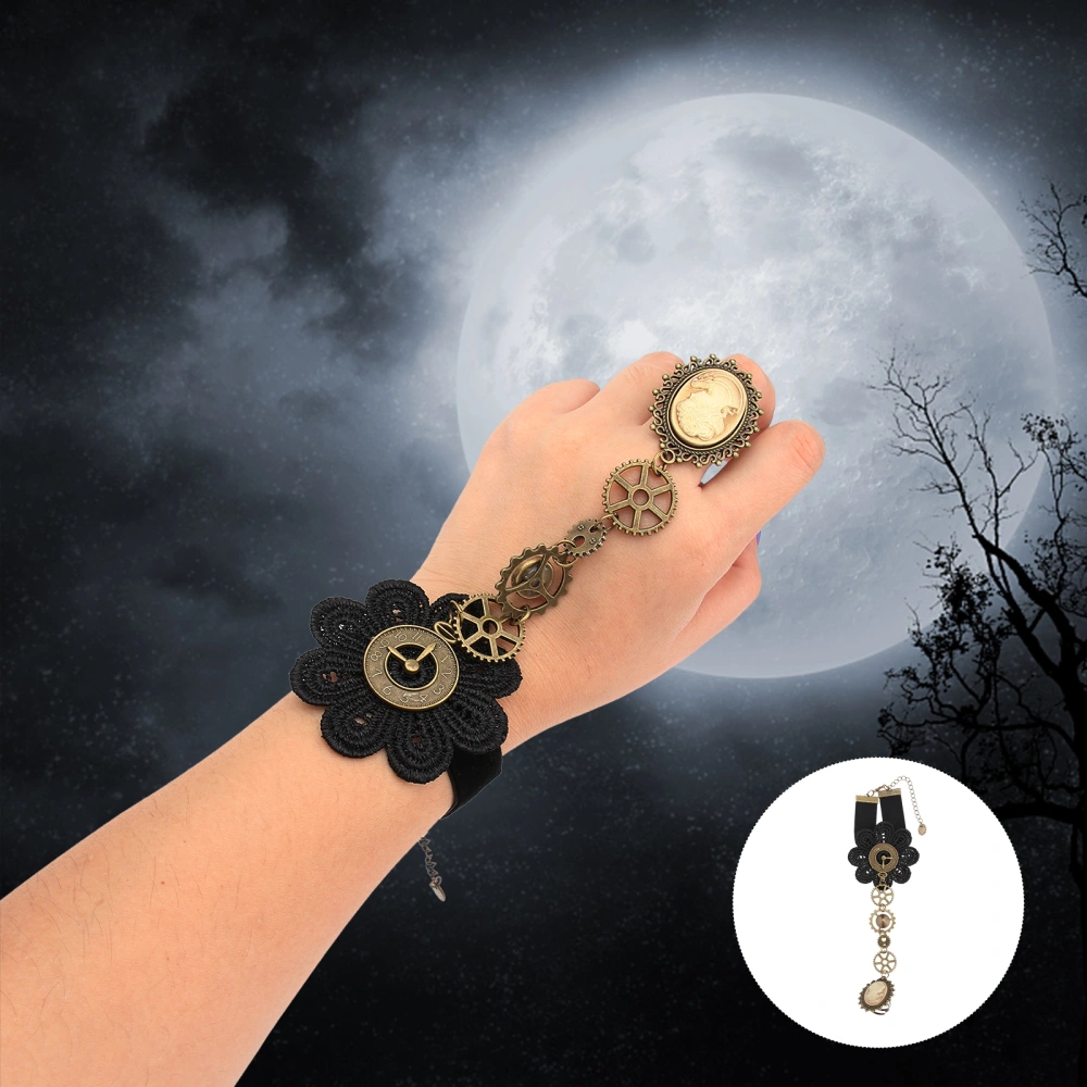 Elegant Fashionable Halloween Lace Bracelet with Ring Gothic Retro Lace Steampunk Gear Bracelet Set Womens Halloween Accessory